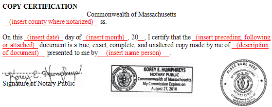 Massachusetts Copy Certification