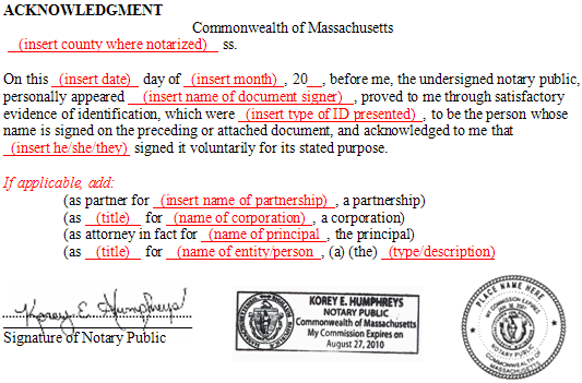 Massachusetts Acknowledgment
